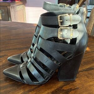 BCBGeneration Black Strappy Pointed Toe Block Heel Sandals with Gold Buckles